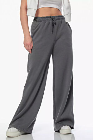 Kadın Bel Bağcıklı Üç İplik Şardonlu Bol Paça Palazzo Alt Eşofman