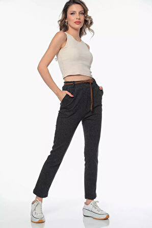 Kadın Yüksek Bel Kendinden Desenli Kemerli Kışlık Pantolon