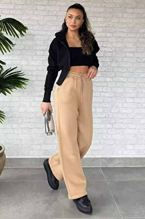 Kadın Bel Bağcıklı Üç İplik Şardonlu Bol Paça Palazzo Alt Eşofman