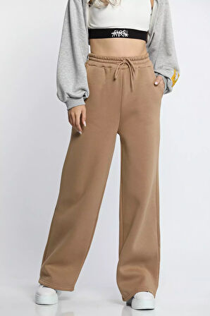 Kadın Bel Bağcıklı Üç İplik Şardonlu Bol Paça Palazzo Alt Eşofman