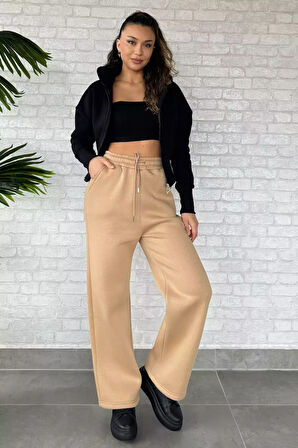 Kadın Bel Bağcıklı Üç İplik Şardonlu Bol Paça Palazzo Alt Eşofman