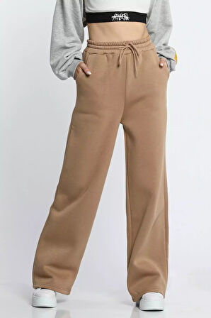 Kadın Bel Bağcıklı Üç İplik Şardonlu Bol Paça Palazzo Alt Eşofman