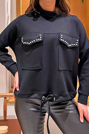 Yarım Balıkçı Yaka Çift Cepli Bel Bağlama Detaylı Şık Ve Konforlu Taşlı Sweatshirt