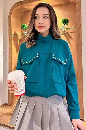 Yarım Balıkçı Yaka Çift Cepli Bel Bağlama Detaylı Şık Ve Konforlu Taşlı Sweatshirt