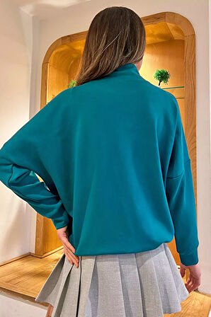 Yarım Balıkçı Yaka Çift Cepli Bel Bağlama Detaylı Şık Ve Konforlu Taşlı Sweatshirt