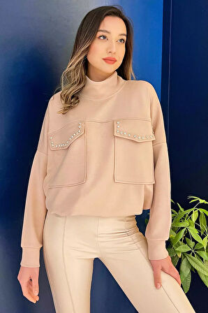 Yarım Balıkçı Yaka Çift Cepli Bel Bağlama Detaylı Şık Ve Konforlu Taşlı Sweatshirt