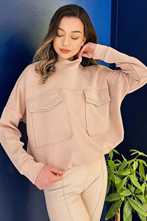 Yarım Balıkçı Yaka Çift Cepli Bel Bağlama Detaylı Şık Ve Konforlu Taşlı Sweatshirt