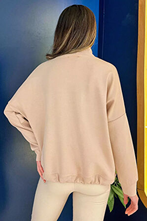 Yarım Balıkçı Yaka Çift Cepli Bel Bağlama Detaylı Şık Ve Konforlu Taşlı Sweatshirt