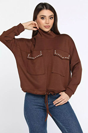 Yarım Balıkçı Yaka Çift Cepli Bel Bağlama Detaylı Şık Ve Konforlu Taşlı Sweatshirt
