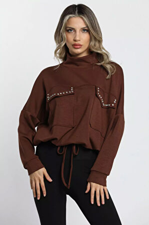 Yarım Balıkçı Yaka Çift Cepli Bel Bağlama Detaylı Şık Ve Konforlu Taşlı Sweatshirt