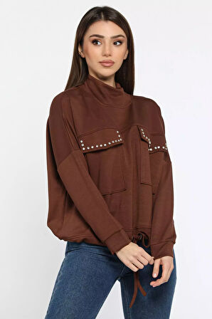 Yarım Balıkçı Yaka Çift Cepli Bel Bağlama Detaylı Şık Ve Konforlu Taşlı Sweatshirt