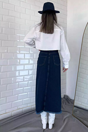 Püsküllü Düğme Detaylı Jean Kot Etek