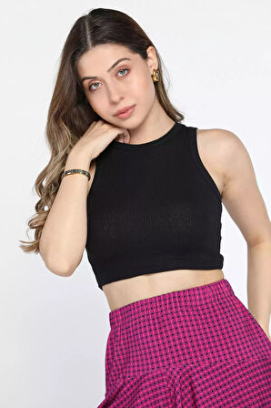 Bisiklet Yaka Kaşkorse Crop Top Büstiyer Bluz