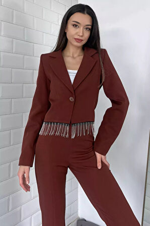 Kadın Sacak Taşlı Slim Fit Crop Blazer Ceket