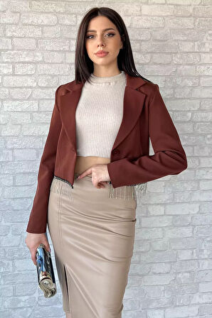 Kadın Sacak Taşlı Slim Fit Crop Blazer Ceket
