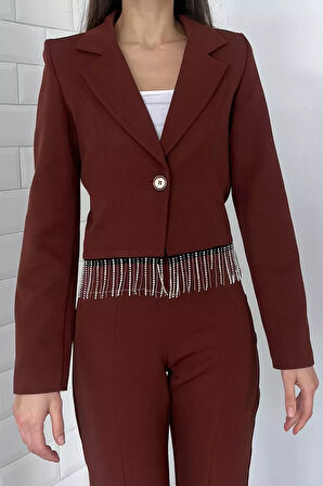 Kadın Sacak Taşlı Slim Fit Crop Blazer Ceket