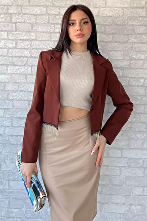 Kadın Sacak Taşlı Slim Fit Crop Blazer Ceket