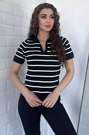 Polo Yaka Çizgi Desenli Likralı Kadın Triko Bluz