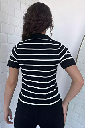 Polo Yaka Çizgi Desenli Likralı Kadın Triko Bluz