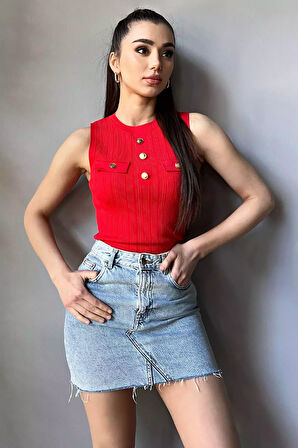 Gold Düğme Detaylı Bisiklet Yaka Kadın Likralı Triko Bluz