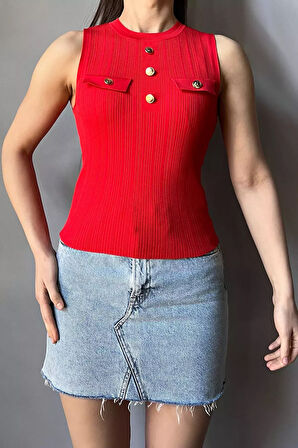 Gold Düğme Detaylı Bisiklet Yaka Kadın Likralı Triko Bluz