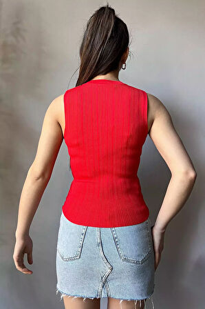 Gold Düğme Detaylı Bisiklet Yaka Kadın Likralı Triko Bluz