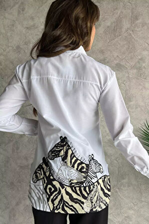 Zebra İşlemeli Tarz Kadın Gömlek
