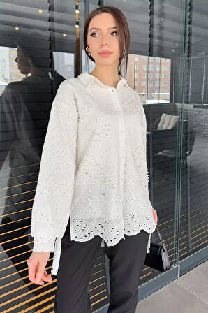 İnci Ve Taş Detaylı Ajurlu Kadın Gömlek