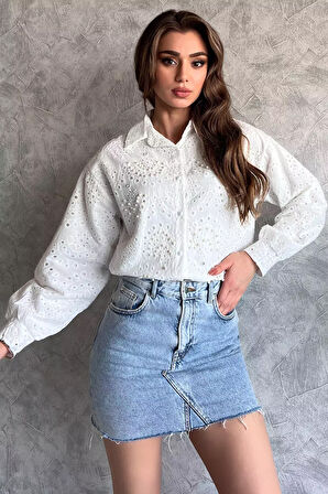 İnci Ve Taş Detaylı Ajurlu Kadın Gömlek