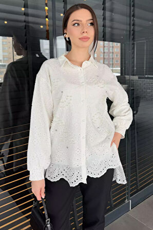 İnci Ve Taş Detaylı Ajurlu Kadın Gömlek