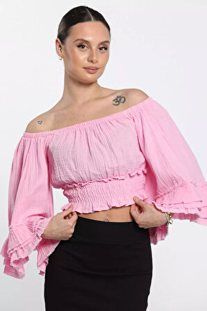 Bel Büzgülü Bol Kesim Kollu Püskül Detaylı Crop Top Kadın Bluz