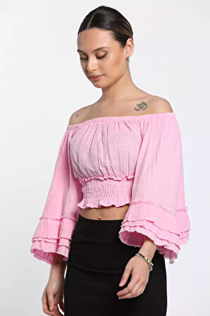 Bel Büzgülü Bol Kesim Kollu Püskül Detaylı Crop Top Kadın Bluz