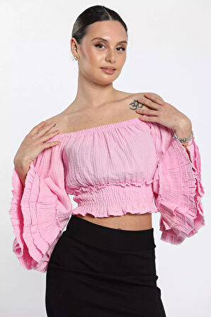 Bel Büzgülü Bol Kesim Kollu Püskül Detaylı Crop Top Kadın Bluz