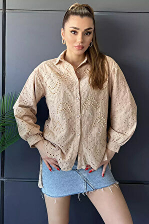 İnci Ve Taş Detaylı Ajurlu Kadın Gömlek