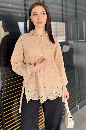 İnci Ve Taş Detaylı Ajurlu Kadın Gömlek