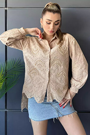 İnci Ve Taş Detaylı Ajurlu Kadın Gömlek