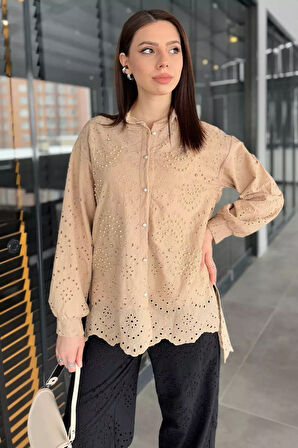 İnci Ve Taş Detaylı Ajurlu Kadın Gömlek