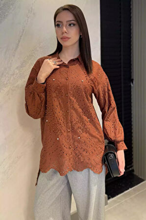 İnci Ve Taş Detaylı Ajurlu Kadın Gömlek