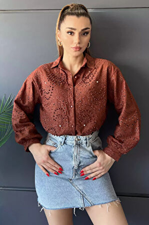 İnci Ve Taş Detaylı Ajurlu Kadın Gömlek