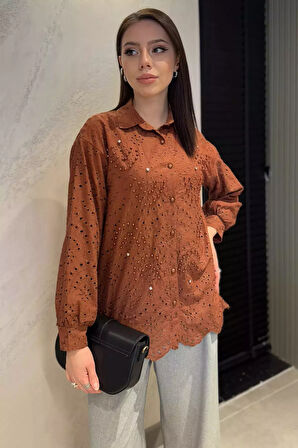 İnci Ve Taş Detaylı Ajurlu Kadın Gömlek