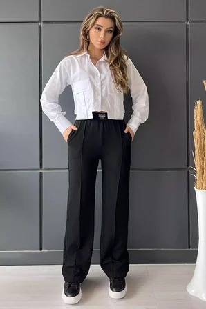Yüksek Bel Cepli Çimalı Kadın Bol Kesim Pantolon