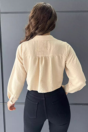 Çift Cepli Ön Bağlamalı Pileli Kadın Crop Top Gömlek