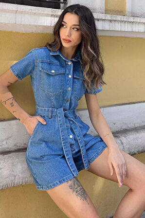 Çift Cepli Çıtçıtlı Bel Kuşak Detaylı Kadın Kısa Jean Kot Tulum