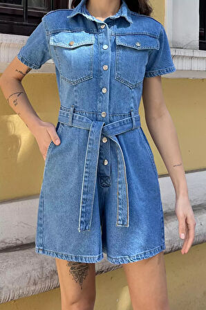 Çift Cepli Çıtçıtlı Bel Kuşak Detaylı Kadın Kısa Jean Kot Tulum