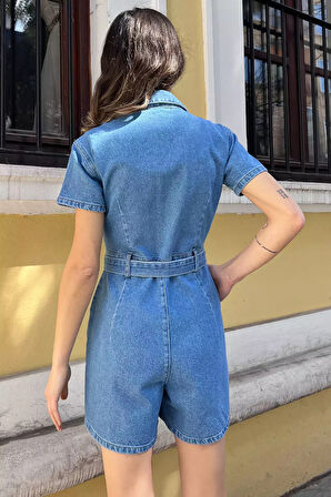 Çift Cepli Çıtçıtlı Bel Kuşak Detaylı Kadın Kısa Jean Kot Tulum
