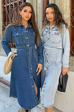 Çift Cepli Ön Düğmeli Polo Yaka Jean Kot Elbise