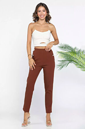 Kadın Düğme Detaylı Cepli Bol Paça Pantolon