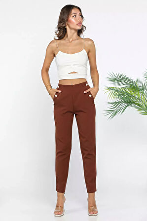 Kadın Düğme Detaylı Cepli Bol Paça Pantolon