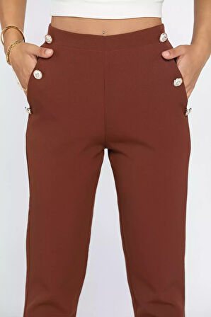 Kadın Düğme Detaylı Cepli Bol Paça Pantolon