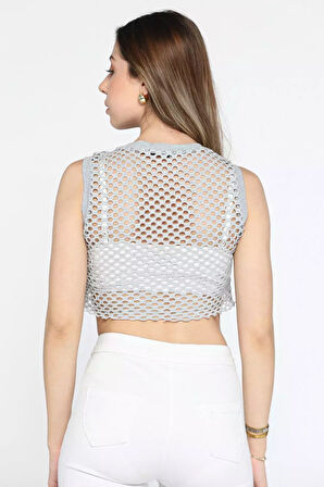Bisiklet Yaka Baskılı Ajurlu Kadın Crop Top Süveter
